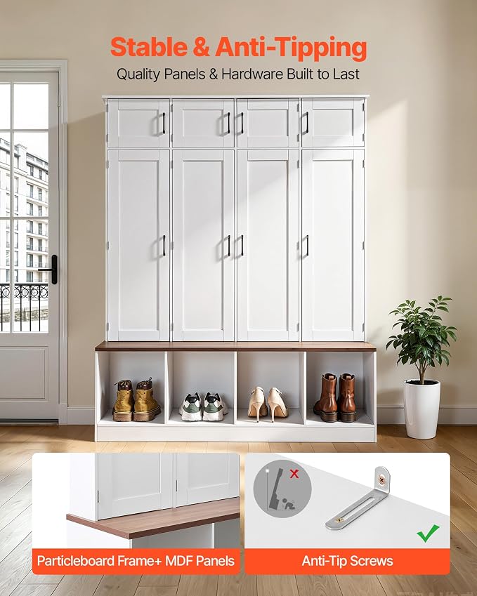VEVOR Hall Tree with Bench and Shoe Storage, 59" Wide, 4-in-1 Entryway Hall Tree with Bench, Hanging Hooks, Storage Cabinet, and Shoe Cabinet, Wooden Furniture for Mudroom, Entryway, Hallway, White