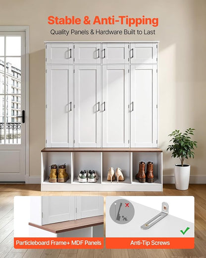 VEVOR Hall Tree with Bench and Shoe Storage, 59" Wide, 4-in-1 Entryway Hall Tree with Bench, Hanging Hooks, Storage Cabinet, and Shoe Cabinet, Wooden Furniture for Mudroom, Entryway, Hallway, White