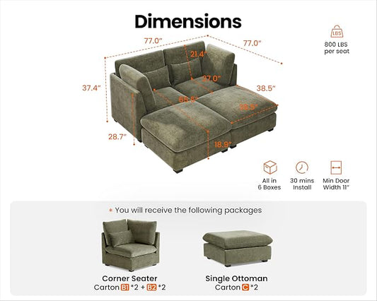 77" Oversized Chenille Couch Modular Sectional Sofa, Washable Cloud Couch Sectional with 2 Ottoman, 4 Seater Sectional Couches for Living Room, Fully Cover Removable, Chaise Lounge, Chenille, Green