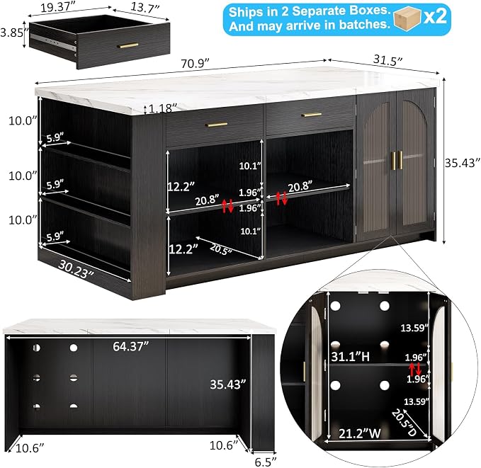 IBF 71" Large kitchen island with storage and seating, White Faux MarbleIsland Table with Drawers, Modern Stationary Island Cabinet & Fridge Space,Counter Height Island Bar for Dining Room, Black Base