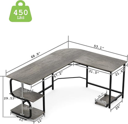 Teraves Reversible L Shaped Desk with Large Surface, 69 Inch Sturdy Corner Desk with Storage Shelves, Premium Office Computer Desk Workstation for Home Office Gaming