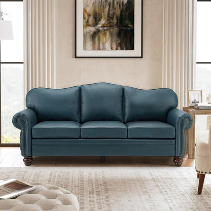 81" Genuine Leather Sofa, Classic 3-Seater Couchs with Wood Legs, Stylish & Comfortable Sofa for Living Room or Office, Easy Assembly and Maintain & Long-Lasting, Turquoise