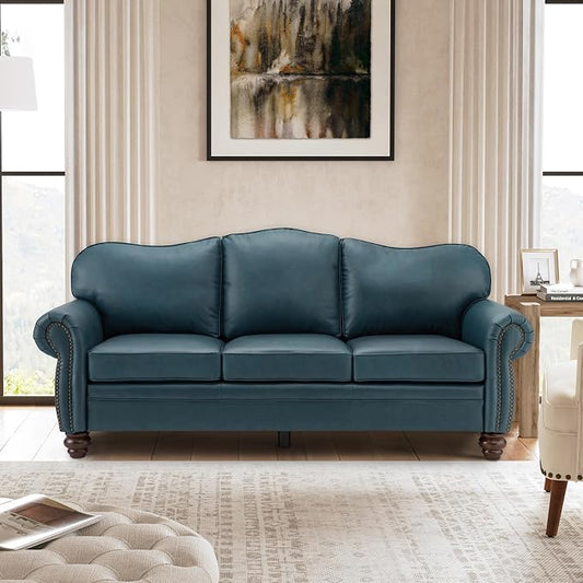 81" Genuine Leather Sofa, Classic 3-Seater Couchs with Wood Legs, Stylish & Comfortable Sofa for Living Room or Office, Easy Assembly and Maintain & Long-Lasting, Turquoise