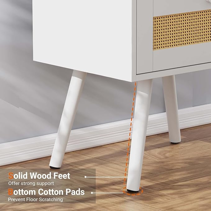 SUPERJARE Nightstand with Charging Station & Rattan-Like Decor Drawer, Rattan End Table with Solid Wood Feet, Bed Side Table with Open Storage, for Bedroom, Living Room, Dormitory - White