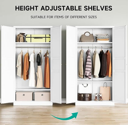 Metal Wardrobe Cabinet with Hanging Rod,White Armoire Wardrobe Closet,Metal Clothing Storage Cabinet with Adjustable Shelves and Doors,72" Wardrobes Storage Cabinet for Home,Living/Laundry Room
