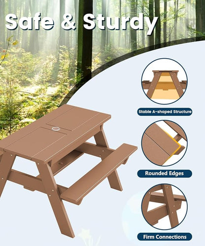 FOOWIN Kids 3-in-1 Sand & Water Table,HDPE Outdoor Convertible Picnic Table w/Detachable Tabletop, for Outdoor Backyard Patio Play Teak