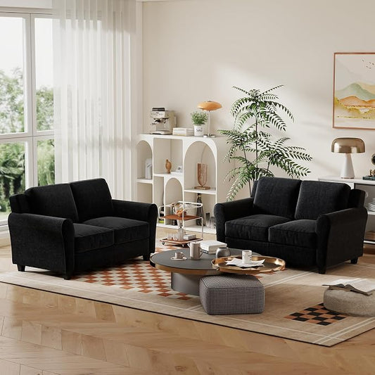 Bonzy Home 2 Piece Sofa Set, 2-Seater Sofa Couch Set of 2, Modern Comfy Sofa with Thick Cushion for Living Room Apartment Office, Black