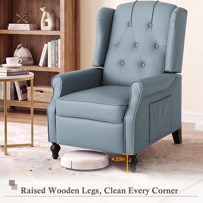 Wingback Recliner Chair with Massage & Heat, Cat-Proof Push Back Arm Chair, Recliner Chair for Living Room Bedroom Home Theater (1, Grayish-Blue)