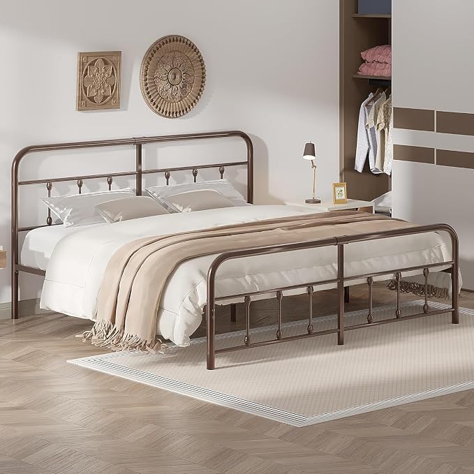 VECELO King Size Victorian Style Metal Bed Frame with Headboard/Mattress Foundation/No Box Spring Needed/Under Bed Storage and Strong Slat Support Purple Bronze