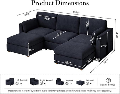 Oversized Modular Sectional Sofa U-Shaped Cloud Couches Blue | 116'' Deep Seat Couch for Living Room, 5-Seater Luxury Corner sofa with Ottoman, Solid Wood Frame, Removable Washable Cover