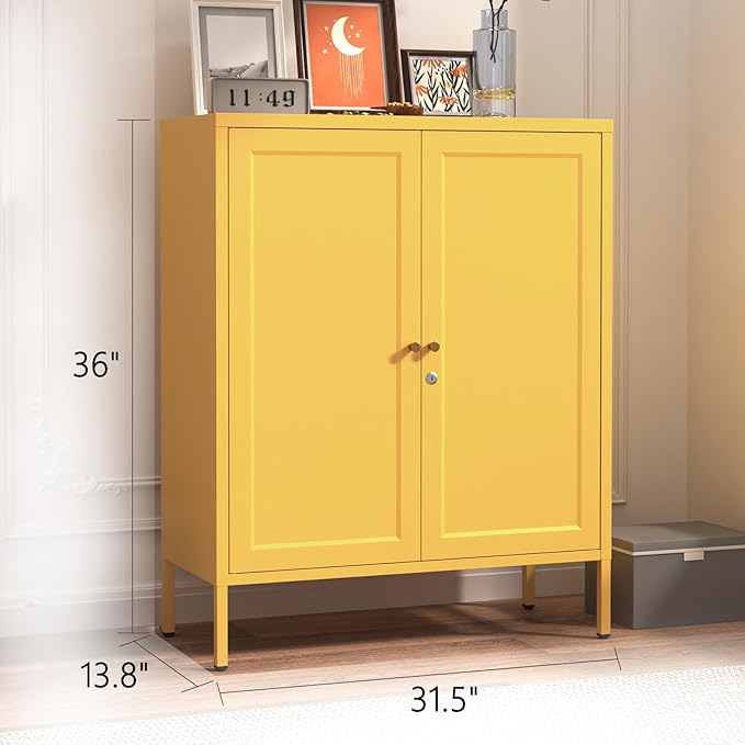 Accent Cabinet Locker, Square Storage Cabinet 36 Inch High, Freestanding Metal Storage Cabinet with 2 Doors and 2 Adjustable Shelves, Multifunctional Cabinet for Home, Hallway and Office Yellow