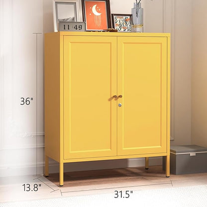 Accent Cabinet Locker, Square Storage Cabinet 36 Inch High, Freestanding Metal Storage Cabinet with 2 Doors and 2 Adjustable Shelves, Multifunctional Cabinet for Home, Hallway and Office Yellow
