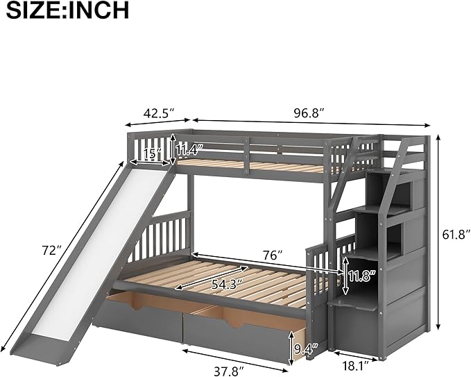 RUNNA Twin Over Full Bunk Bed with Slide,Storage Drawers,Play House,Grey | Twin over full bunk bed with slide,storage,ladder,play house design,solid wood frame,guardrails,no box spring needed,grey