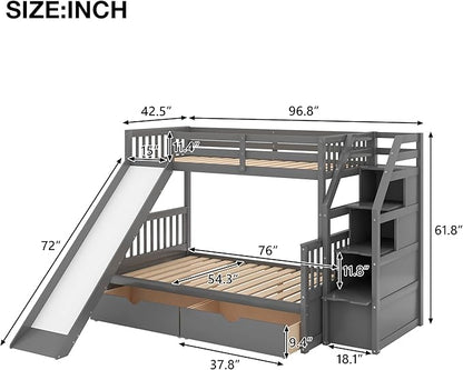 RUNNA Twin Over Full Bunk Bed with Slide,Storage Drawers,Play House,Grey | Twin over full bunk bed with slide,storage,ladder,play house design,solid wood frame,guardrails,no box spring needed,grey