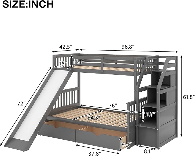 SOFTSEA Twin Over Full Bunk Bed with Storage Drawers Solid Wood Bunk Bed with Stairs and Safety Guardrail
