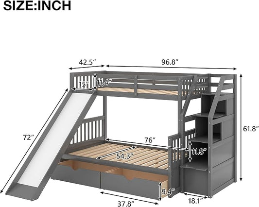 SOFTSEA Twin Over Full Bunk Bed with Storage Drawers Solid Wood Bunk Bed with Stairs and Safety Guardrail