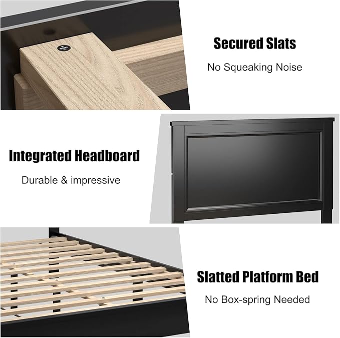 Wood Bed Frames with Headboard, Mid Century Bed Frame with Solid Wood Legs & Wooden Slat Support, Mattress Foundation Bed Base, No Box Spring Needed, (Black, Queen (U.S. Standard))