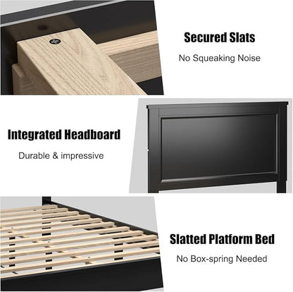 Wood Bed Frames with Headboard, Mid Century Bed Frame with Solid Wood Legs & Wooden Slat Support, Mattress Foundation Bed Base, No Box Spring Needed, (Black, Queen (U.S. Standard))