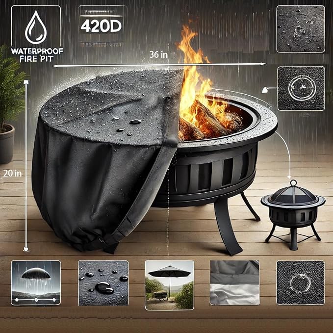 Round Fire Pit Cover for 30-36 Inch Firepit, Heavy Duty Outdoor Patio Fireplace Covers - Waterproof Dustproof Anti UV and Tear Resistant