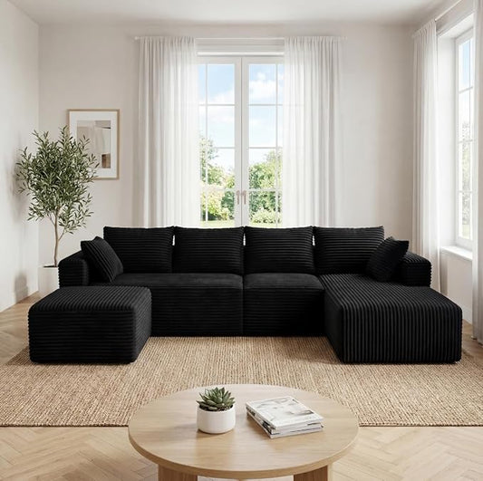 118" Modular Sectional Sofa with Chaise and Ottoman, Oversized U-Shaped Corduroy Cloud Couch, Deep Seat Boneless Couch for Living Room, No-Assembly - Black (Right Facing Chaise)