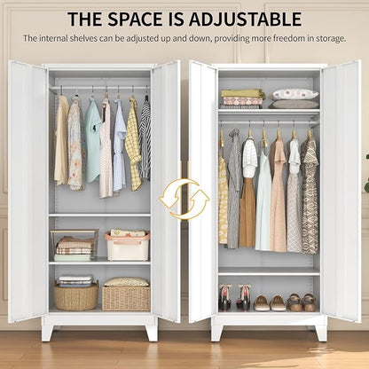 72" Tall Metal Armoire Wardrobe Closet - Large Clothing Storage Cabinet with 1 Hanging Rod,2 Adjustable Shelves & 2 Doors - Closet Organizer for Bedroom,Office, Laundry Room, Garage - White