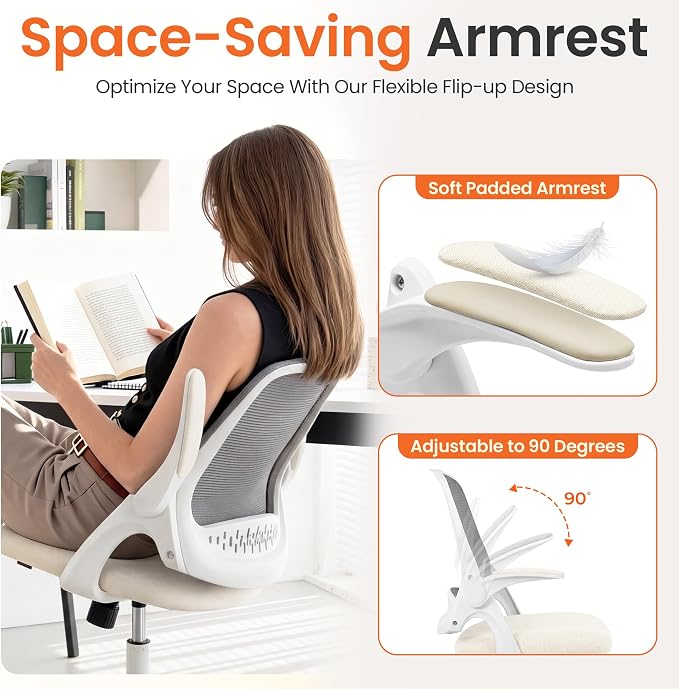 NEO CHAIR Office Chair Computer Desk Chair Ergonomic Gaming Comfy Mesh with Flip-up Arms Lumbar Support Adjustable Height Rolling Wheels for Home Office (Ivory)