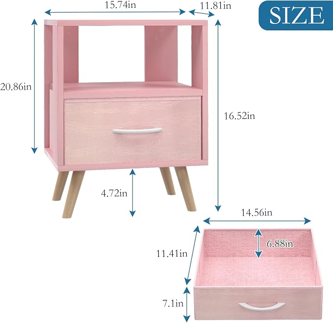 Huhote Kids Nightstand, 2-Tier Night Stand with Drawer, Modern Side Table for Bedroom, Study Room Small Spaces, Pink