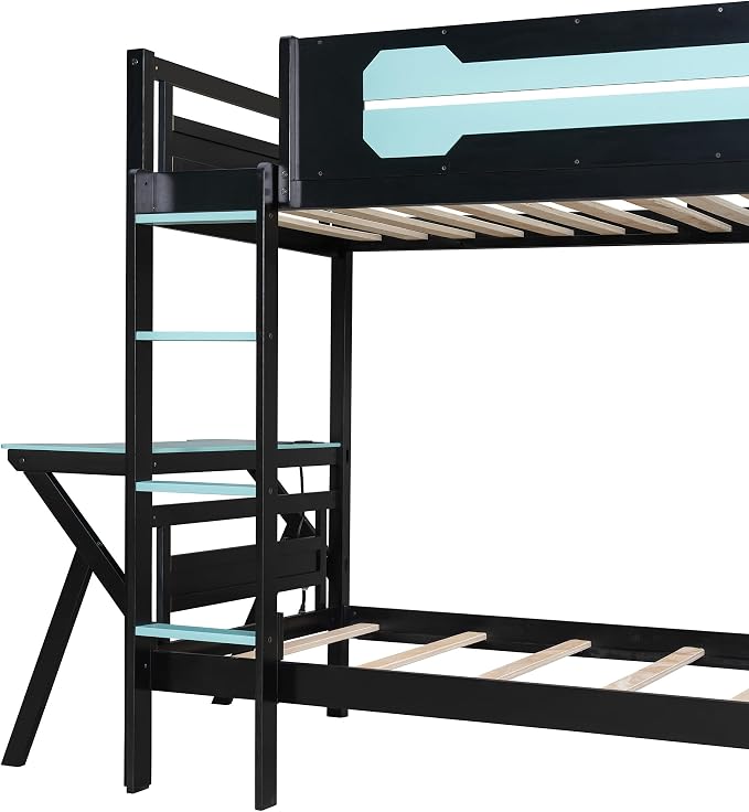 Merax Wooden Twin Over Twin Bunk Bed with 2 Side Desks, USB Desktop Ports and Pegboard Organizer, Gaming Bunk Bed for Gamer, Kids or Teens, No Box Spring Needed, Cloud Blue