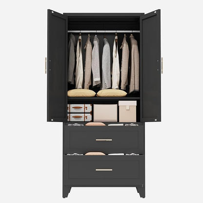 Anwick Metal Wardrobe Closet, 71" Tall Black Metal Wardrobe Cabinet with Hanging Rod, 2 Drawers, 2 Doors and Adjustable Shelf for Bedroom Guest Room Laundry Room (Black, 71" Tall)