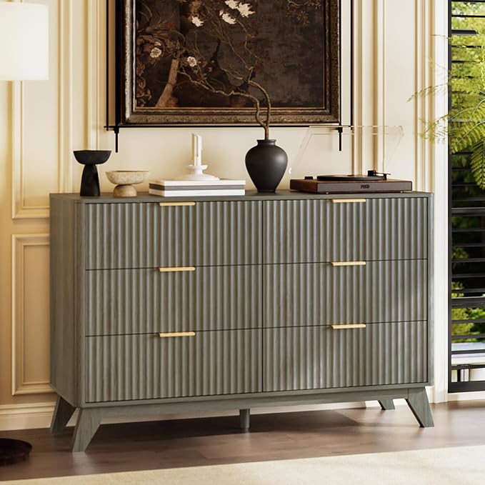 VINGLI Fluted Grey Dresser 6 Drawer Gray Dresser with Rounded Edges, Grey Dressers for Bedroom, 46.8" W*15.5" D*31" H