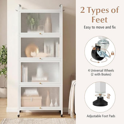 Giantex 5-Tier Kitchen Storage Cabinet, Freestanding Metal Pantry Cabinet w/ 4 Flip-up PC Doors, 4 Hooks & Adjustable Feet, 60” Tall Bakers Rack Microwave Stand for Dining Room, Living Room, White