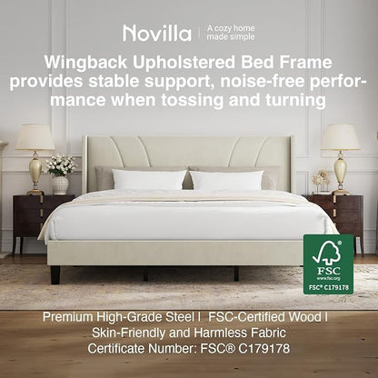 Novilla King Size Bed Frame, King Bed Frame with Headboard, Velvet Upholstered Wing Side Headboard, No Box Spring Needed, Heavy Duty Feet, Easy Assembly, White Velvet