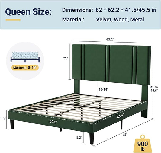 Allewie Queen Platform Bed Frame with Adjustable Headboard, Plush Velvet Upholstered, Vertical Channel Tufted, Sturdy Wooden Slats, No Box Spring Needed, Easy Assembly, Green