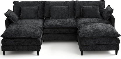 113" Chenille Modular Sectional Sofa, Convertible L Shaped Modular Sofa Comfy Cloud Couch with Ottoman, Side Pockets and 5 Throw Pillows for Living Room (Black, 113" - 5 Seats)