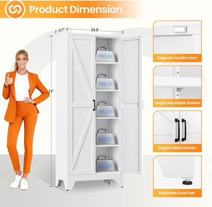 Metal White Storage Cabinet with 2 Doors and 4 Adjustable Shelves,72" Tall Kitchen Pantry cabinets,Farmhouse Food Pantry Cabinet,5 Tier Freestanding Barn Door Cupboard for Kitchen Dining/Living Room