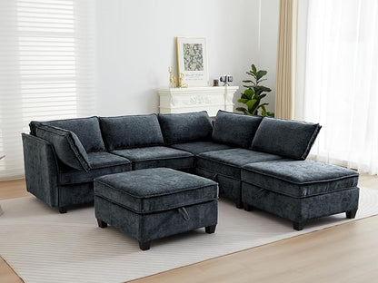 ORRD Corner Modular Sectional Sofa Set, Convertible L Shaped Couch with Storage, 6 Seater Sofa Modular with Ottomans and Reversible Chaise for Living Room, Office (Blue Grey)