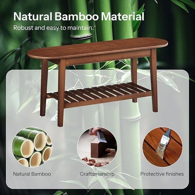 HOOBRO Dining Bench, 2-Tier Bamboo Farmhouse Entryway Bench, Indoor Storage Wooden Bench for Living Room, Dining Room, Hallway, Bedroom, Entryway, Bathroom, Brown BR06CD01