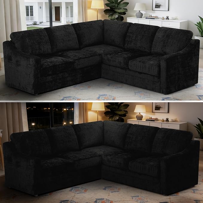 89" Chenille Sectional Sofa with High Density Sponge, Modern 5 Seats Corner Couch with Deep Seat, Comfy Modular L Shaped Couch with Comfortable Back Cushions for Living Room, Black