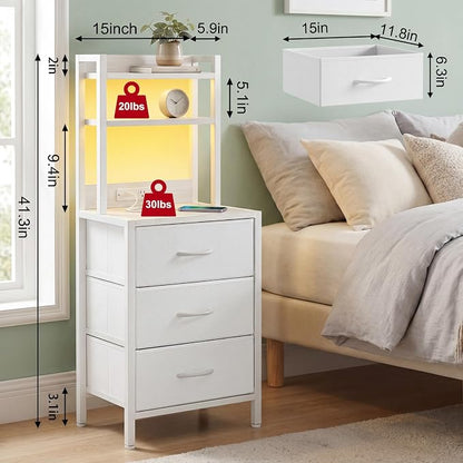 Fixwal Tall Nightstand with Charging Station, 41 Inch Led Night Stand with U-S-B Port & Socket, 3 PU Finished Fabric Storage Drawers, Office, Bed Side Table & Bookshelf in One, White