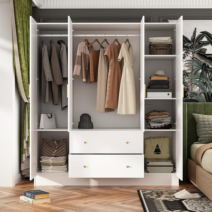FUNSIR 4 Doors Bedroom Wardrobe, Wood Armoire with Mirror, 2 Clothes Hanging Rails, 5 Storage Shelves and 2 Drawers, 63" Wide Bedroom Storage Unit Clothes Organizer, White(70.9" H)