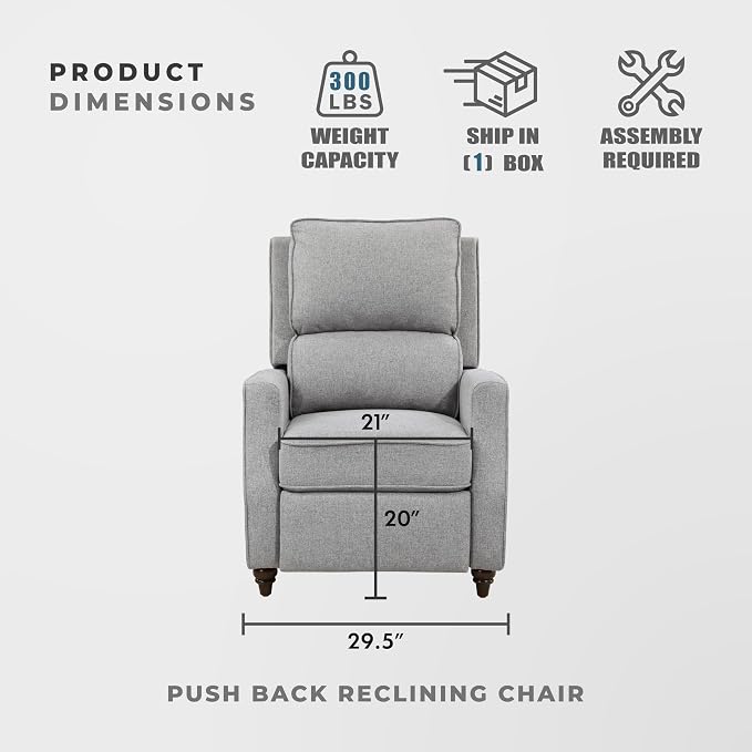 Lexicon Push Back Recliner Chair, Manual Accent Recliner with Track Arms & Bun Feet, Deep Cushioned Comfort, Modern Fabric Reclining Armchair for Living Room, Bedroom & Office, 29.5" W - Gray