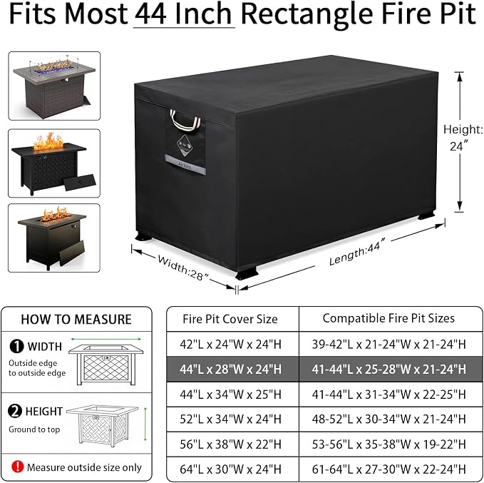 QH.HOME Fire Pit Cover Rectangular Super Waterproof 44" L x 28" W x 24" H, UPF 50+ Outdoor Fire Pit Table Cover 600D Strong Tear Resistant and Fading Resistant for Rectangular Fire Pit - Black