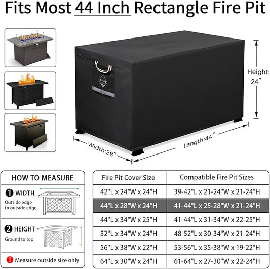 QH.HOME Fire Pit Cover Rectangular Super Waterproof 44" L x 28" W x 24" H, UPF 50+ Outdoor Fire Pit Table Cover 600D Strong Tear Resistant and Fading Resistant for Rectangular Fire Pit - Black