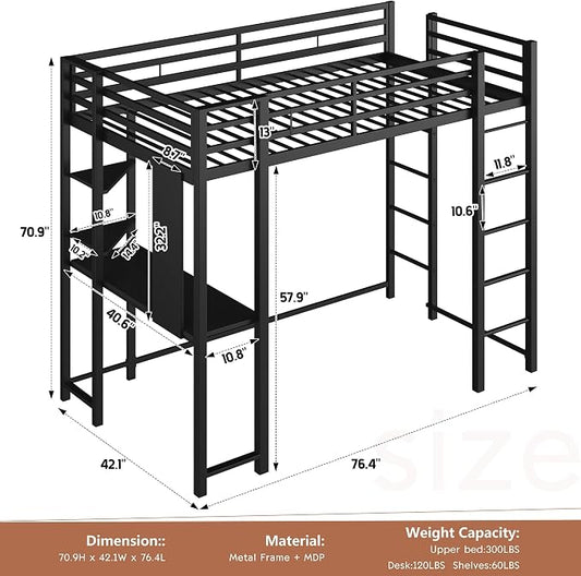 Shintenchi Loft Bed Twin Size with Desk and Storage Shelves, Frame with 2 Side Ladders for Kids, Teens Adults, Spcace-Saving Noise-Free and Anti-tilt Design, Black