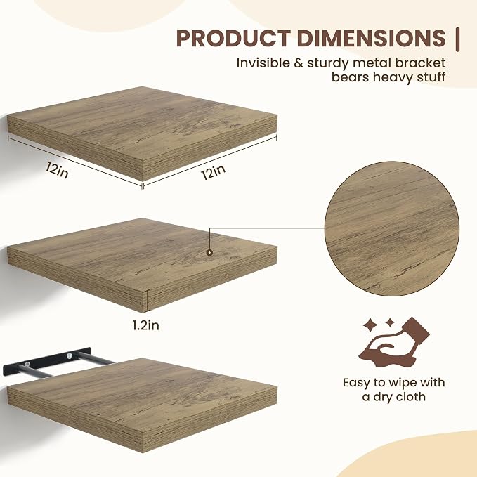 Fun Memories Floating Shelves for Wall - 12 Inch Square Shelves with Invisible Brackets, Small Wall Shelf for Living Room, Bathroom, Bedroom, and Kitchen Decor Grey Set of 3