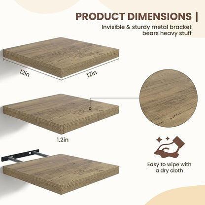 Fun Memories Floating Shelves for Wall - 12 Inch Square Shelves with Invisible Brackets, Small Wall Shelf for Living Room, Bathroom, Bedroom, and Kitchen Decor Grey Set of 3