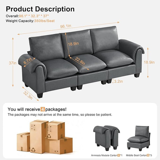 96" Faux Leather Modular Sectional Upholstered Sofa, Oversized 3 Seater Couch with Curved Armrests, Cloud Modern Upholstered Deep Seat Sofa for Living Room, Grey