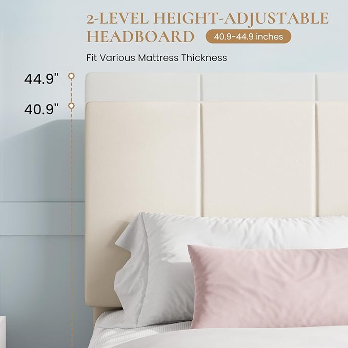 SHA CERLIN Full Size Bed Frame, Dutch Velvet Upholstered Platform Bed, Vertical Channel Tufted Adjustable Headboard, Low Profile Bed Frame, No Box Spring Needed, Easy Assembly, Cream