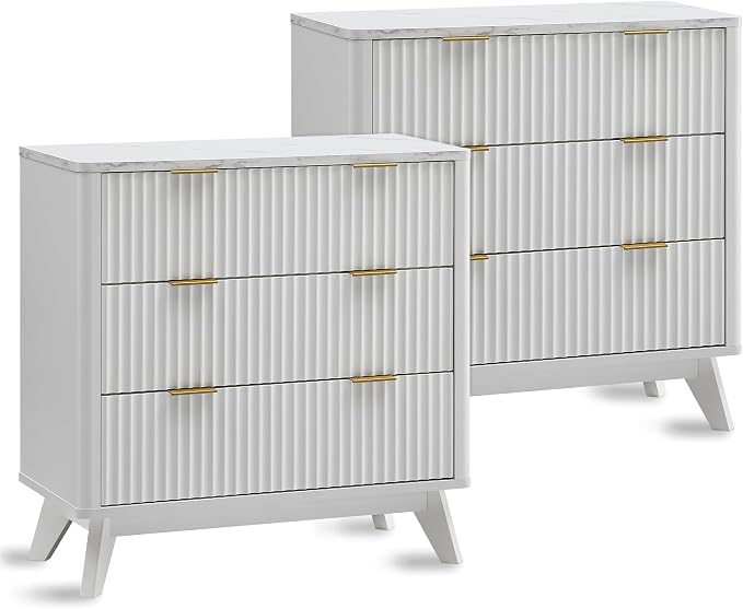 T4TREAM Fluted 3 Drawers Nightstand Set of 2, Oversized Extra Large Modern Side Table with Faux Marble Top, End Table Bedside for Bedroom, Living Room, Curved Profile Design, Solid White