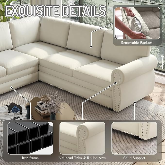 118" L-Shaped Sleeper Couch Bed - Oversize Convertible with Pull-Out Sofa Bed, Button Tufted Chesterfield Sofa, Chenille Sectional Vintage Couches for Living Room/Apartment(6-Seater, Beige)
